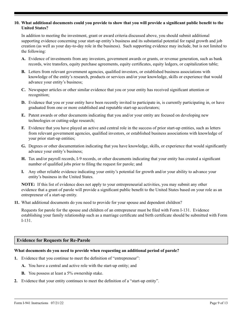 Instructions for USCIS Form I-941 Application for Entrepreneur Parole, Page 9