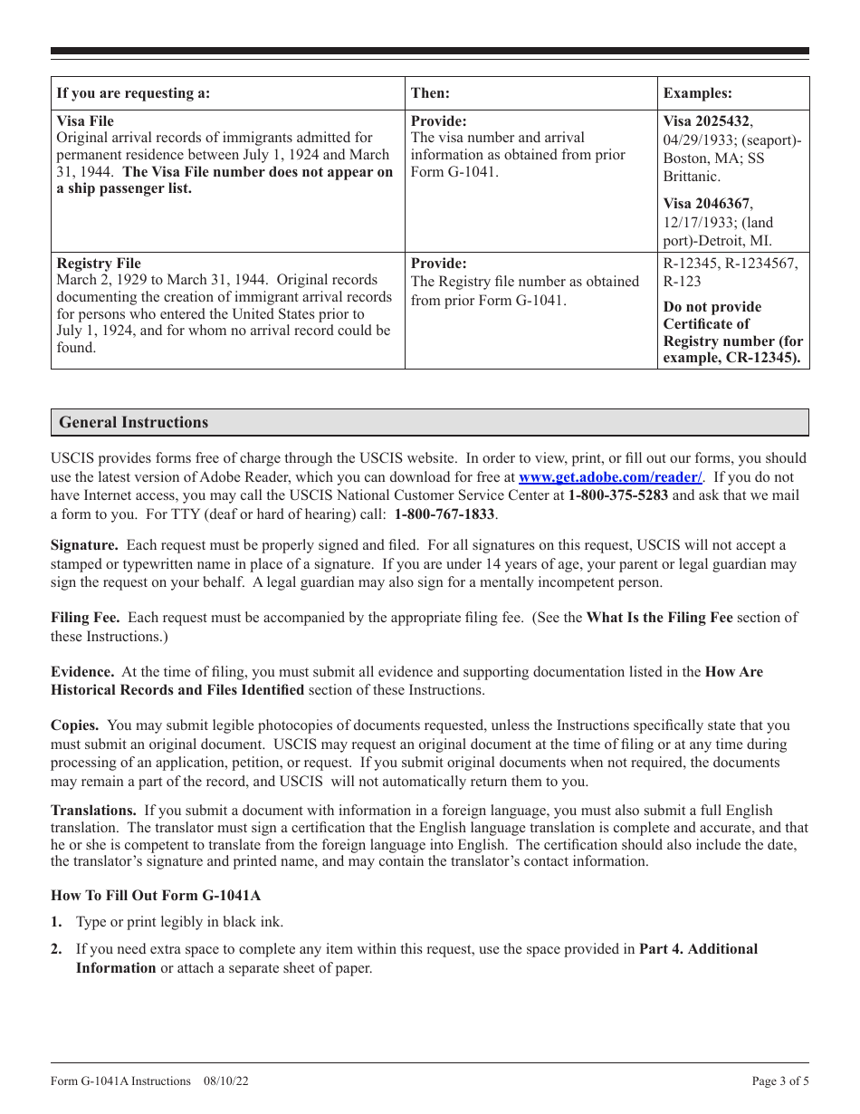 Instructions for USCIS Form G-1041A Genealogy Records Request, Page 3
