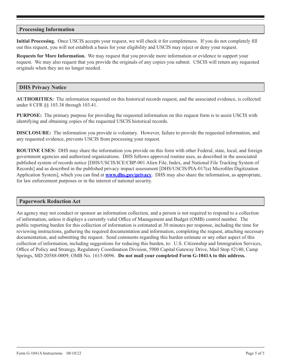 Instructions for USCIS Form G-1041A Genealogy Records Request, Page 5