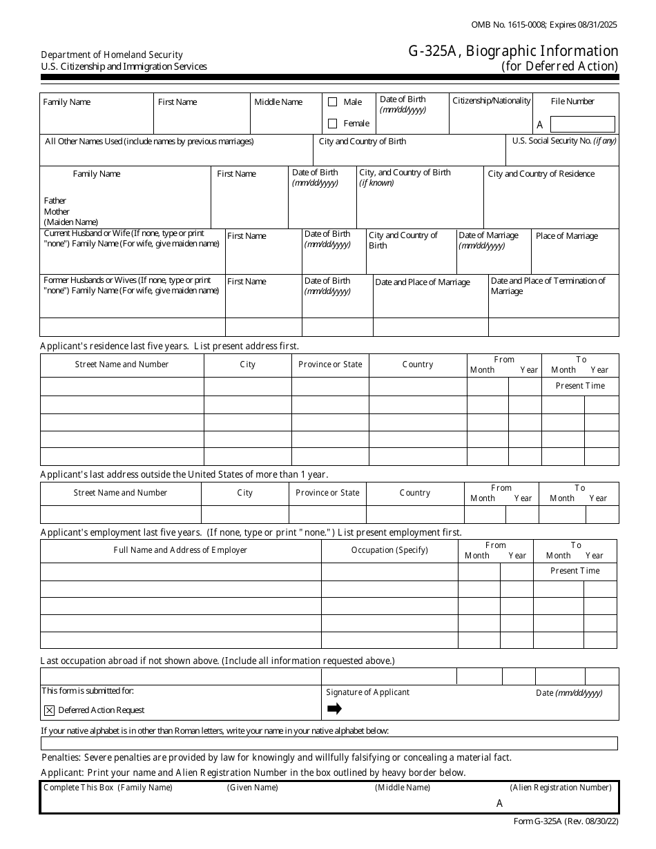 USCIS Form G-325A Biographic Information (For Deferred Action), Page 1