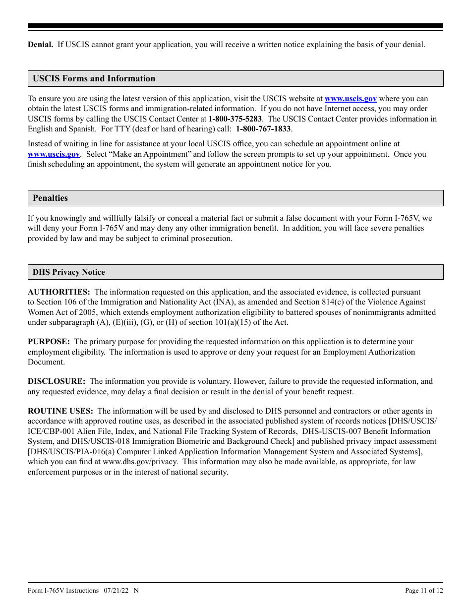 Instructions for USCIS Form I-765V Application for Employment Authorization for Abused Nonimmigrant Spouse, Page 11