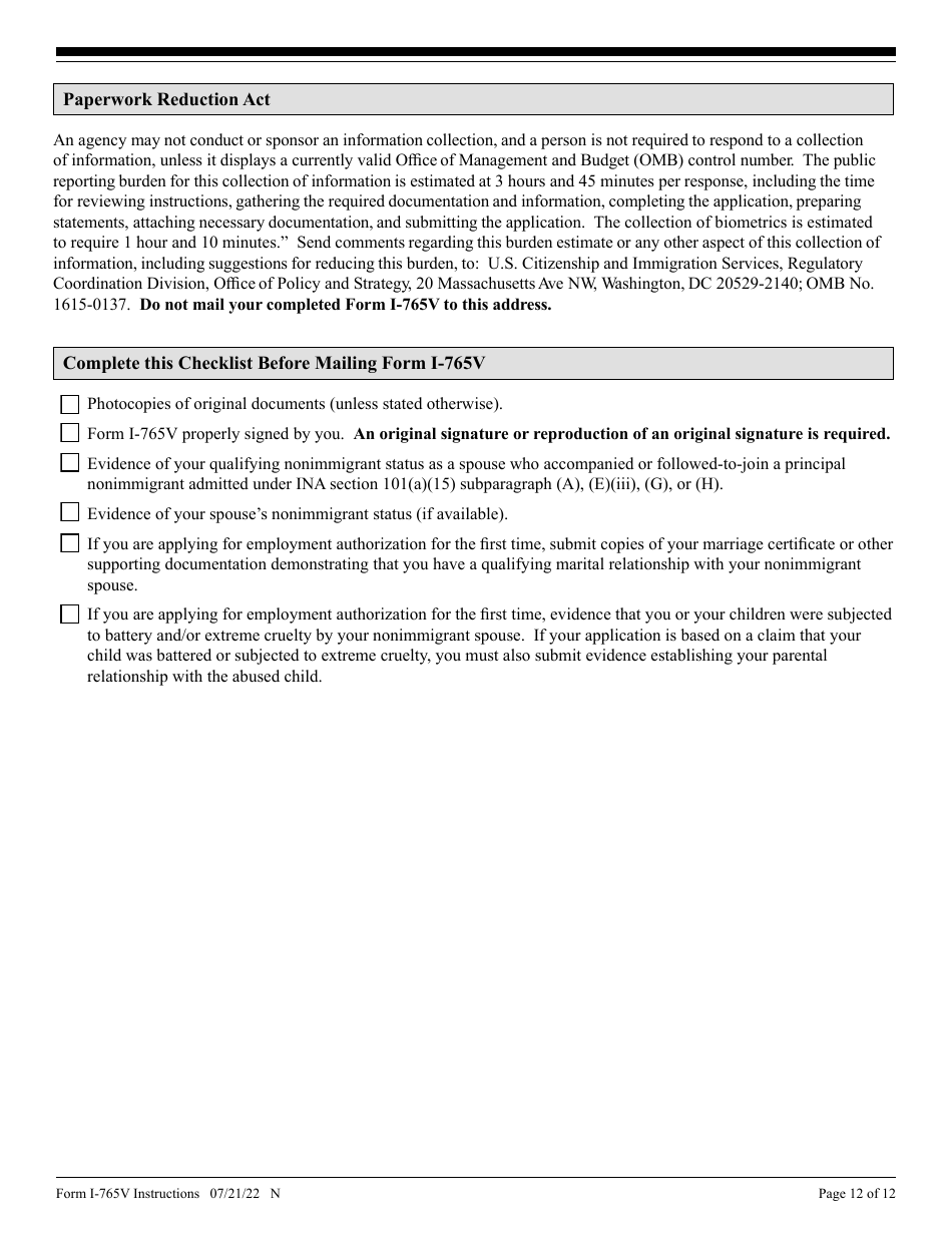 Instructions for USCIS Form I-765V Application for Employment Authorization for Abused Nonimmigrant Spouse, Page 12