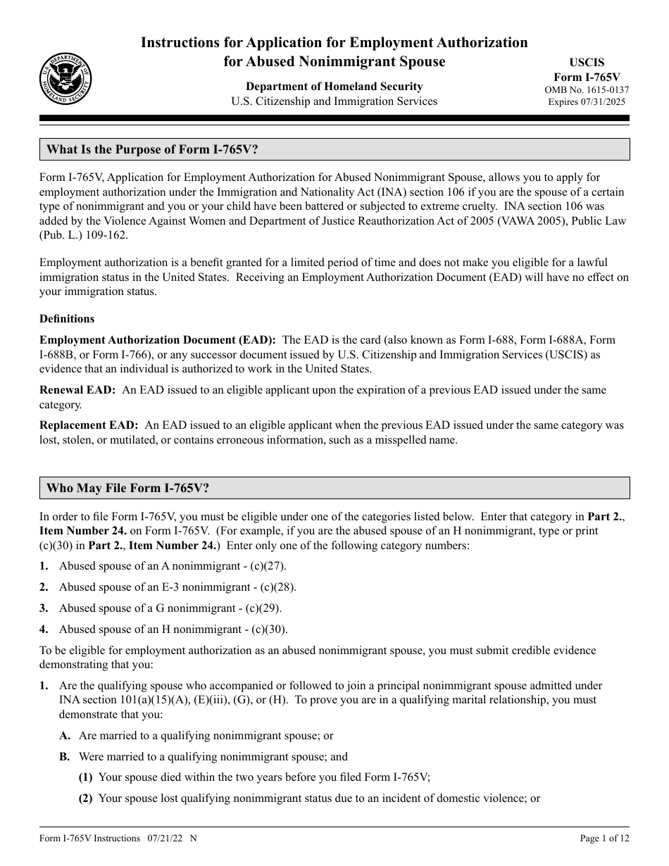 Instructions for USCIS Form I-765V Application for Employment Authorization for Abused Nonimmigrant Spouse, Page 1