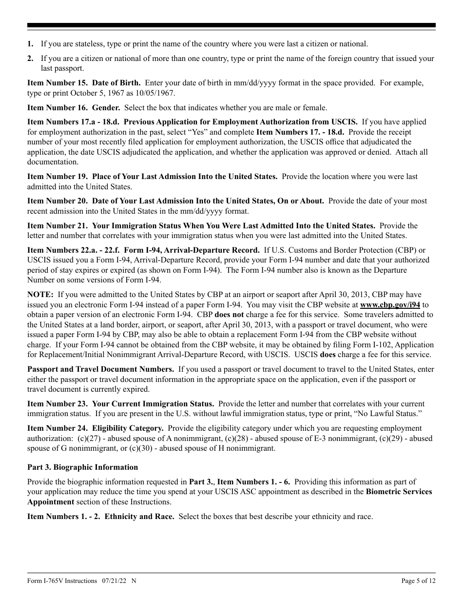 Instructions for USCIS Form I-765V Application for Employment Authorization for Abused Nonimmigrant Spouse, Page 5