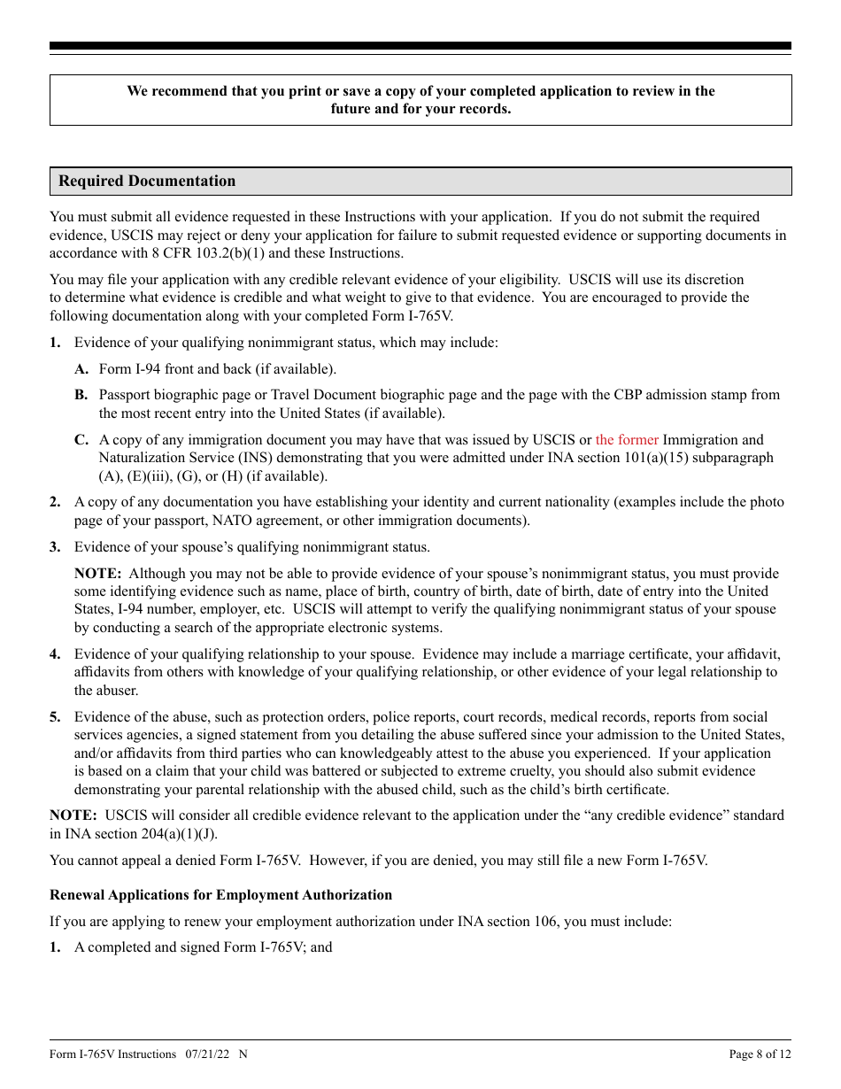 Instructions for USCIS Form I-765V Application for Employment Authorization for Abused Nonimmigrant Spouse, Page 8