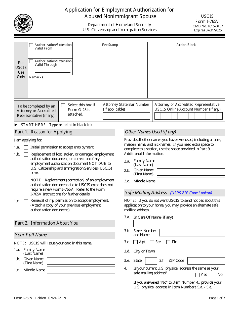 USCIS Form I-765V Application for Employment Authorization for Abused Nonimmigrant Spouse, Page 1