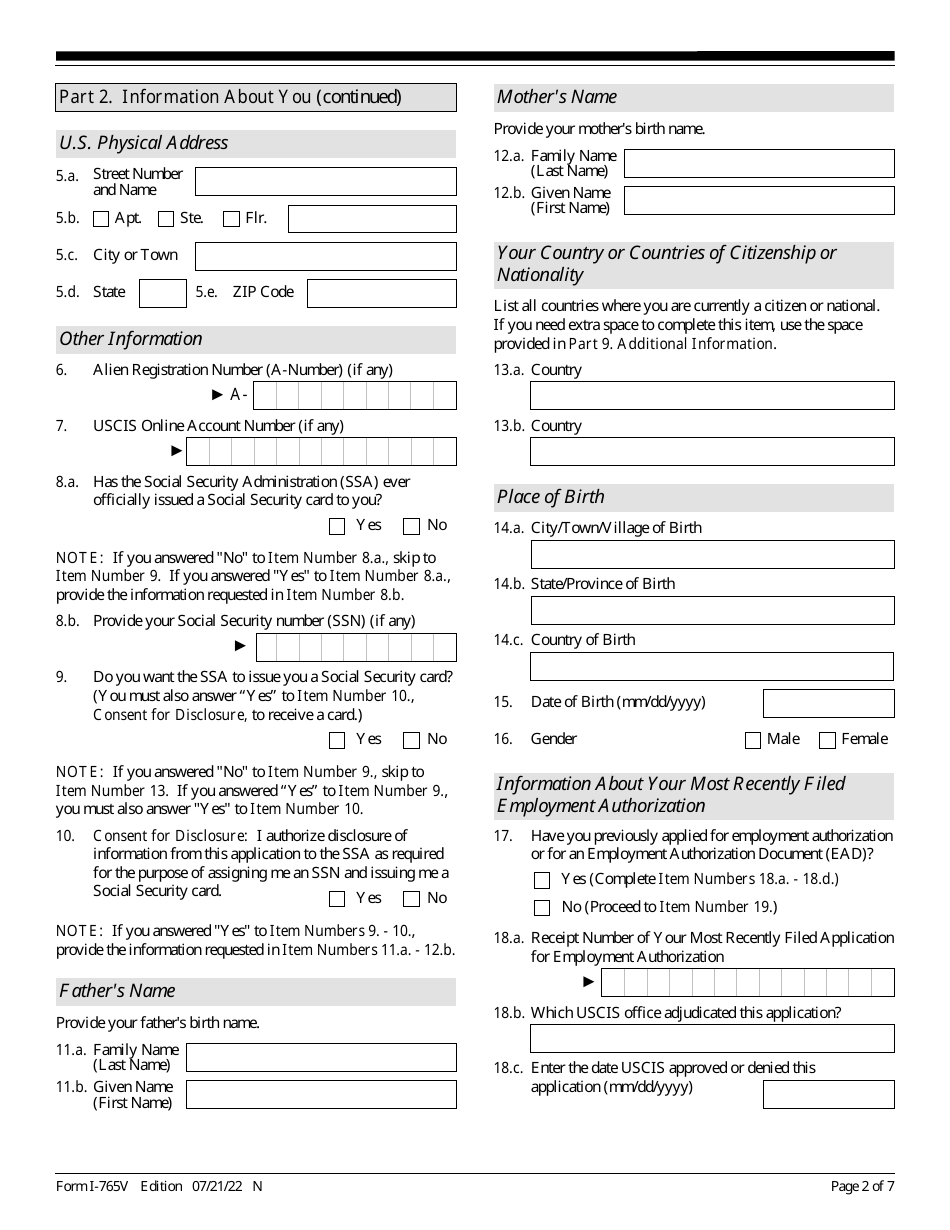 Uscis Form I 765v Download Fillable Pdf Or Fill Online Application For Employment Authorization 3792