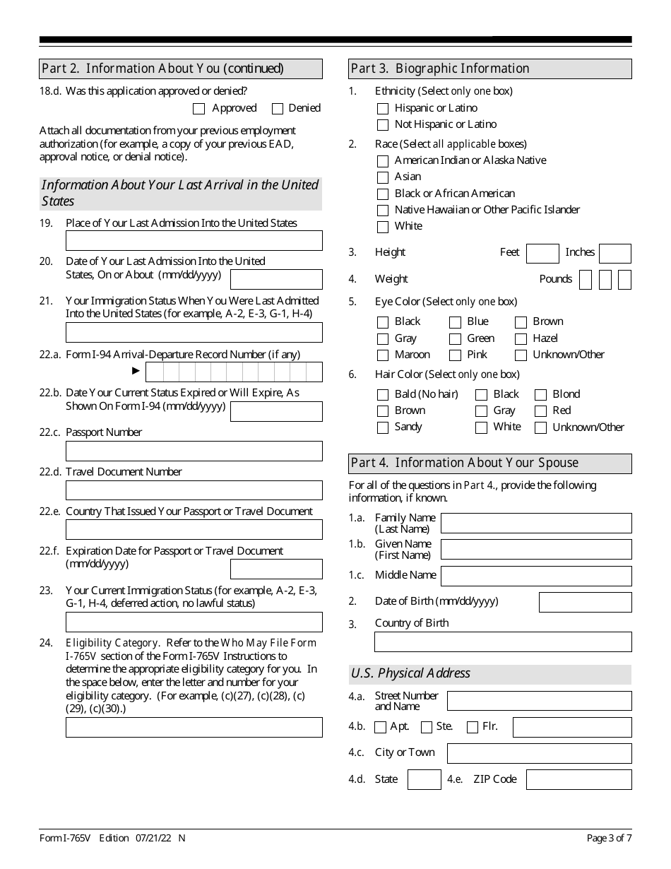 USCIS Form I-765V Application for Employment Authorization for Abused Nonimmigrant Spouse, Page 3