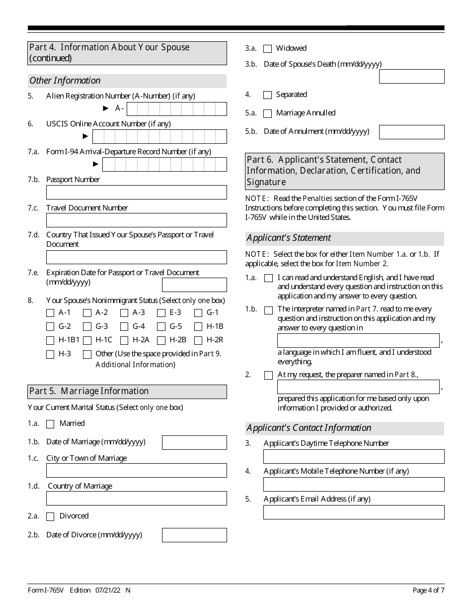 USCIS Form I-765V Application for Employment Authorization for Abused Nonimmigrant Spouse, Page 4