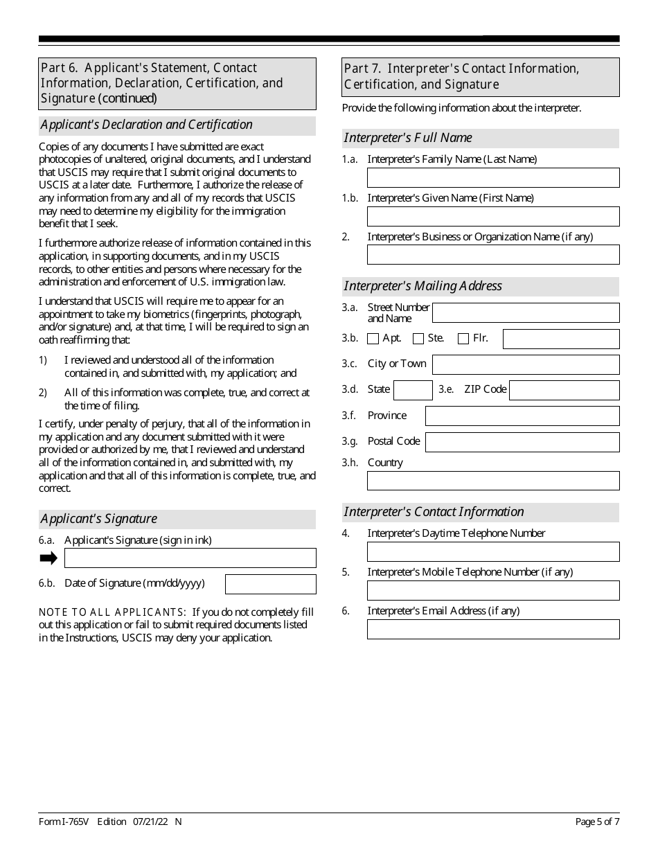 USCIS Form I-765V Application for Employment Authorization for Abused Nonimmigrant Spouse, Page 5