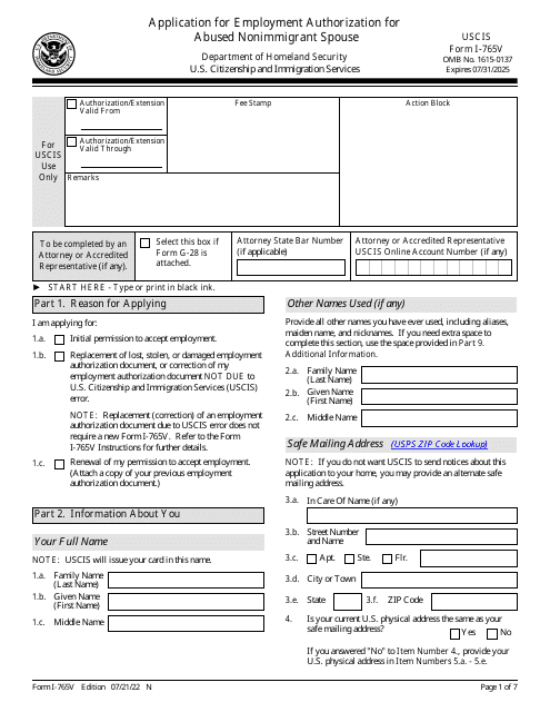 USCIS Form I-765V  Printable Pdf