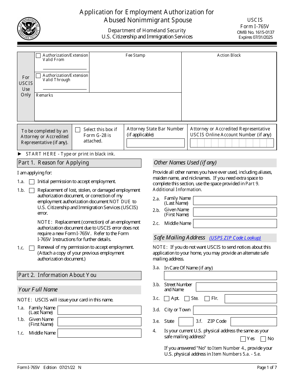 USCIS Form I-765V Download Fillable PDF or Fill Online Application for ...