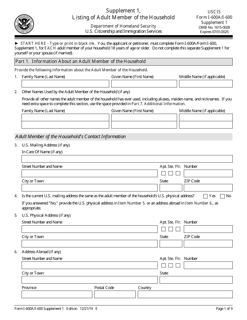 USCIS Form I-600A (I-600) Supplement 1 Listing of Adult Member of the Household, Page 1