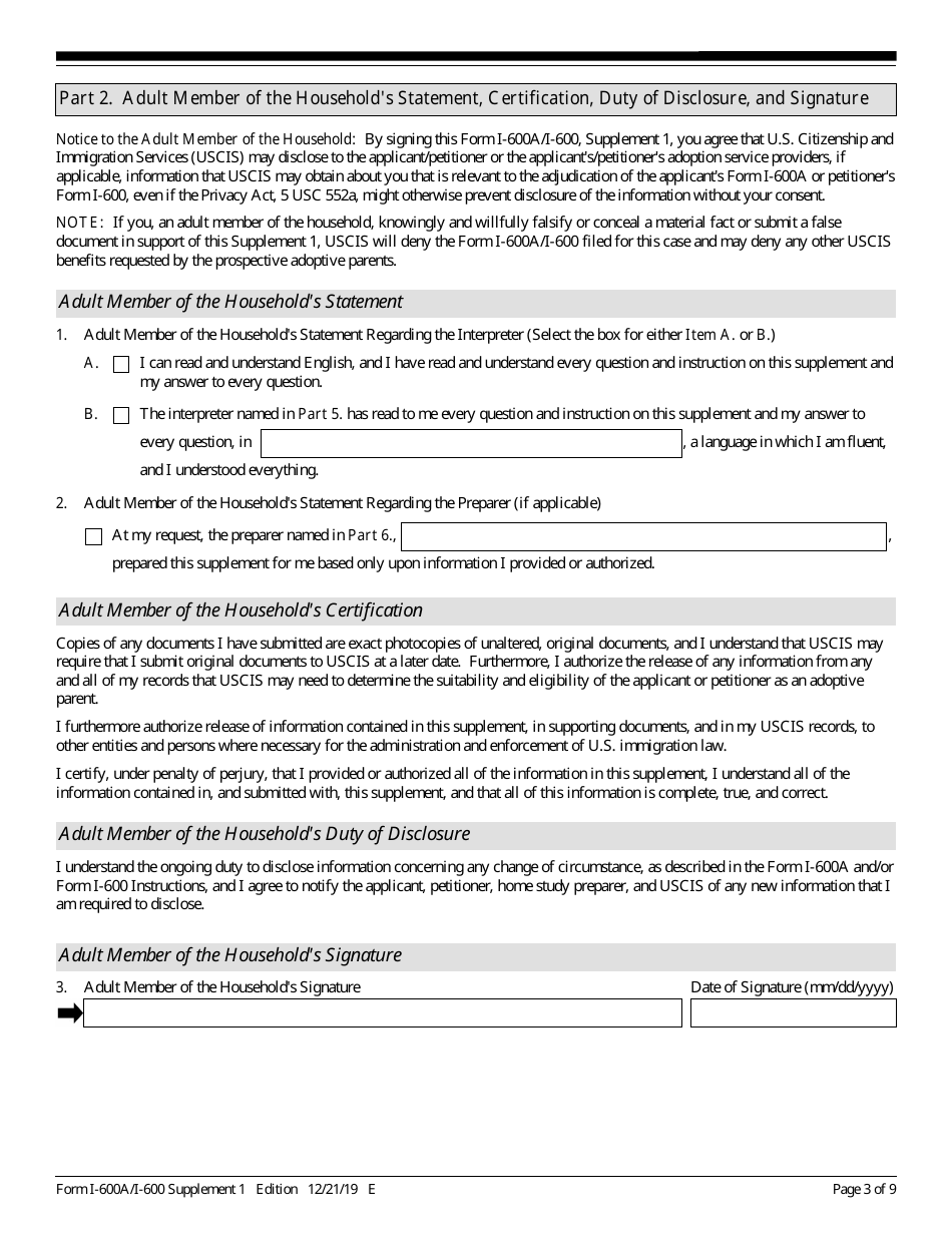 USCIS Form I-600A (I-600) Supplement 1 Listing of Adult Member of the Household, Page 3