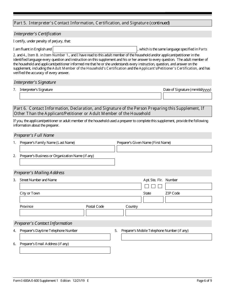 USCIS Form I-600A (I-600) Supplement 1 Listing of Adult Member of the Household, Page 6