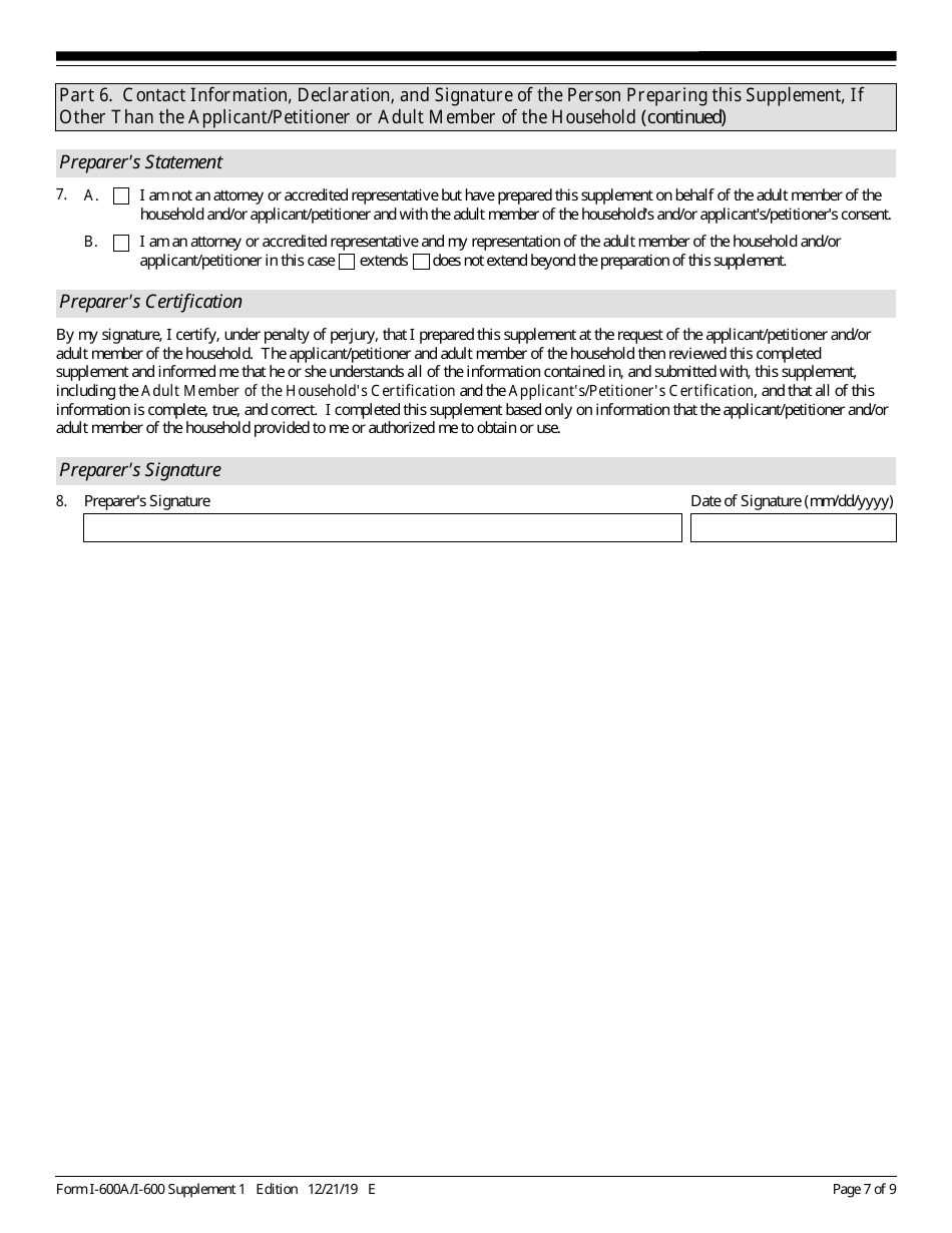 USCIS Form I-600A (I-600) Supplement 1 Listing of Adult Member of the Household, Page 7