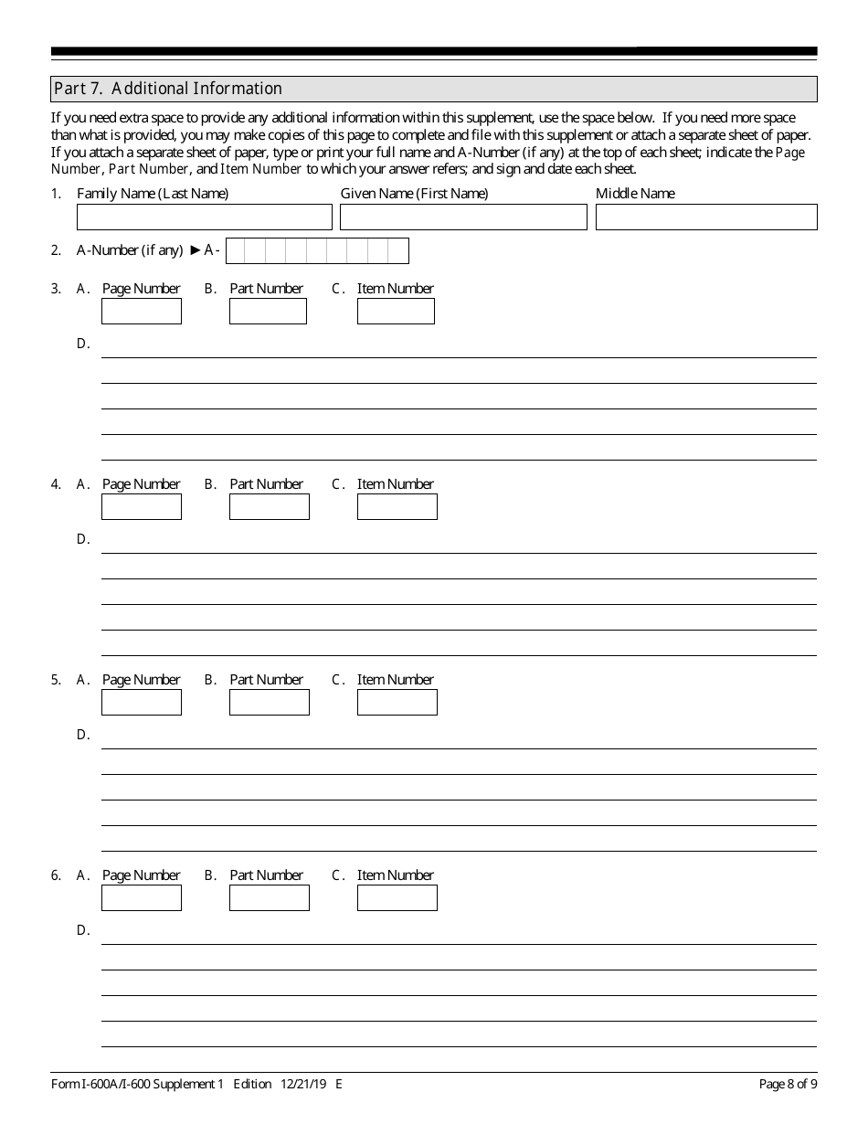 USCIS Form I-600A (I-600) Supplement 1 Listing of Adult Member of the Household, Page 8