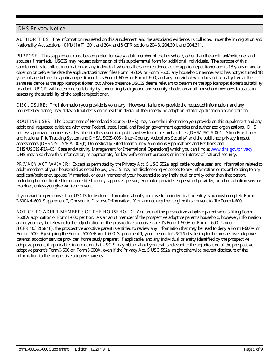 USCIS Form I-600A (I-600) Supplement 1 Listing of Adult Member of the Household, Page 9