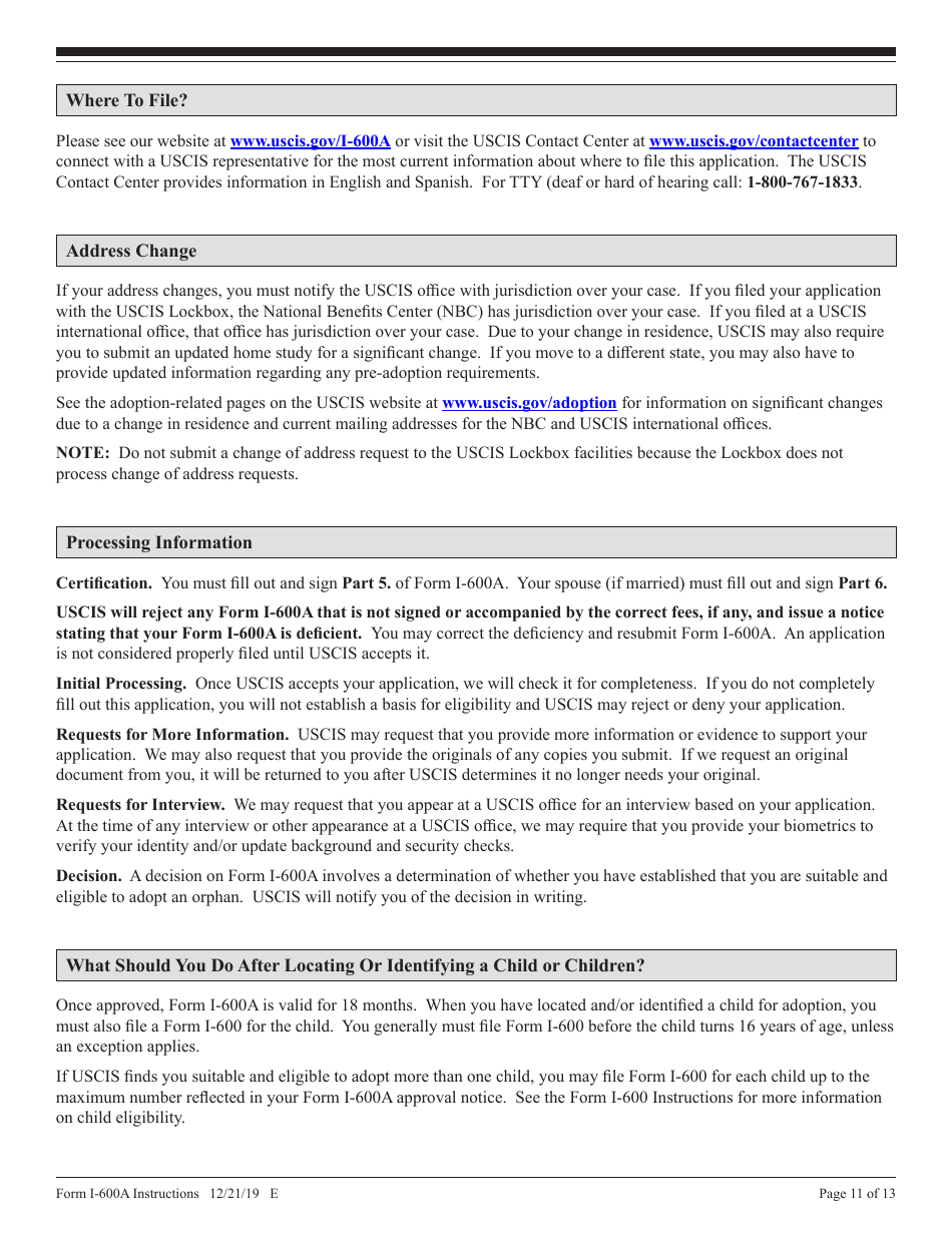 Instructions for USCIS Form I-600A Application for Advance Processing of an Orphan Petition, Page 11