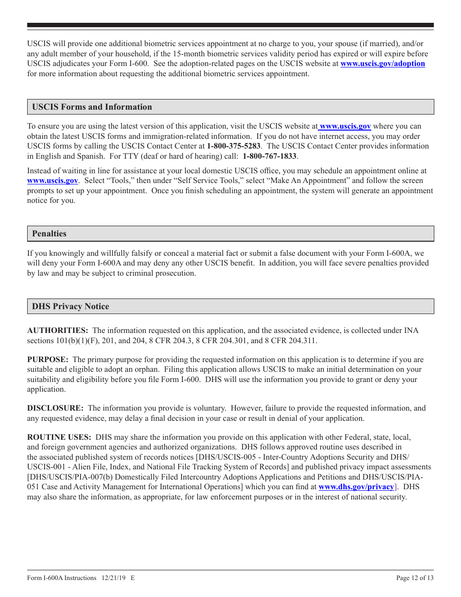 Instructions for USCIS Form I-600A Application for Advance Processing of an Orphan Petition, Page 12