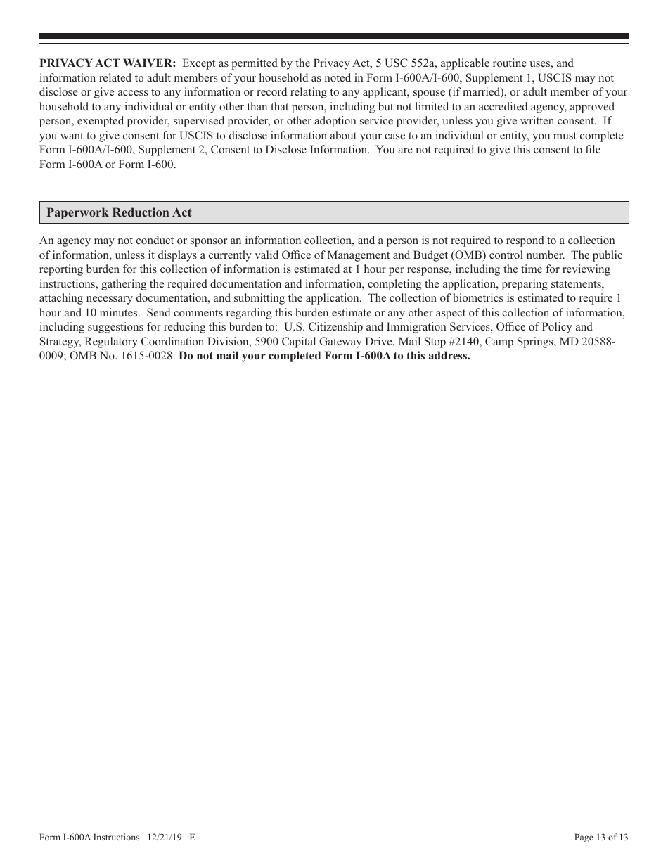 Instructions for USCIS Form I-600A Application for Advance Processing of an Orphan Petition, Page 13
