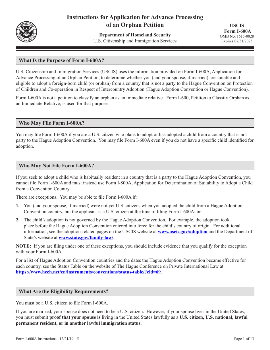 Instructions for USCIS Form I-600A Application for Advance Processing of an Orphan Petition, Page 1