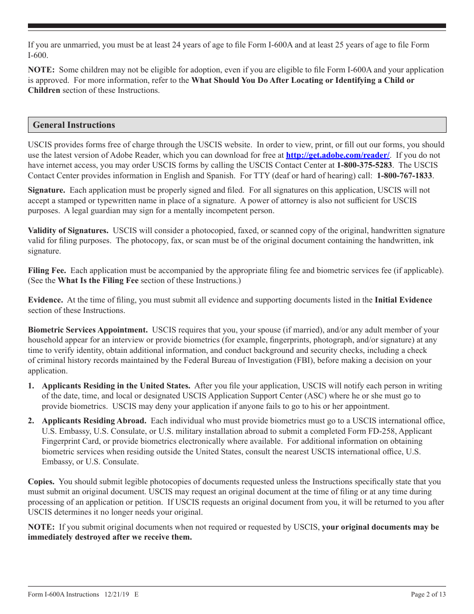 Instructions for USCIS Form I-600A Application for Advance Processing of an Orphan Petition, Page 2