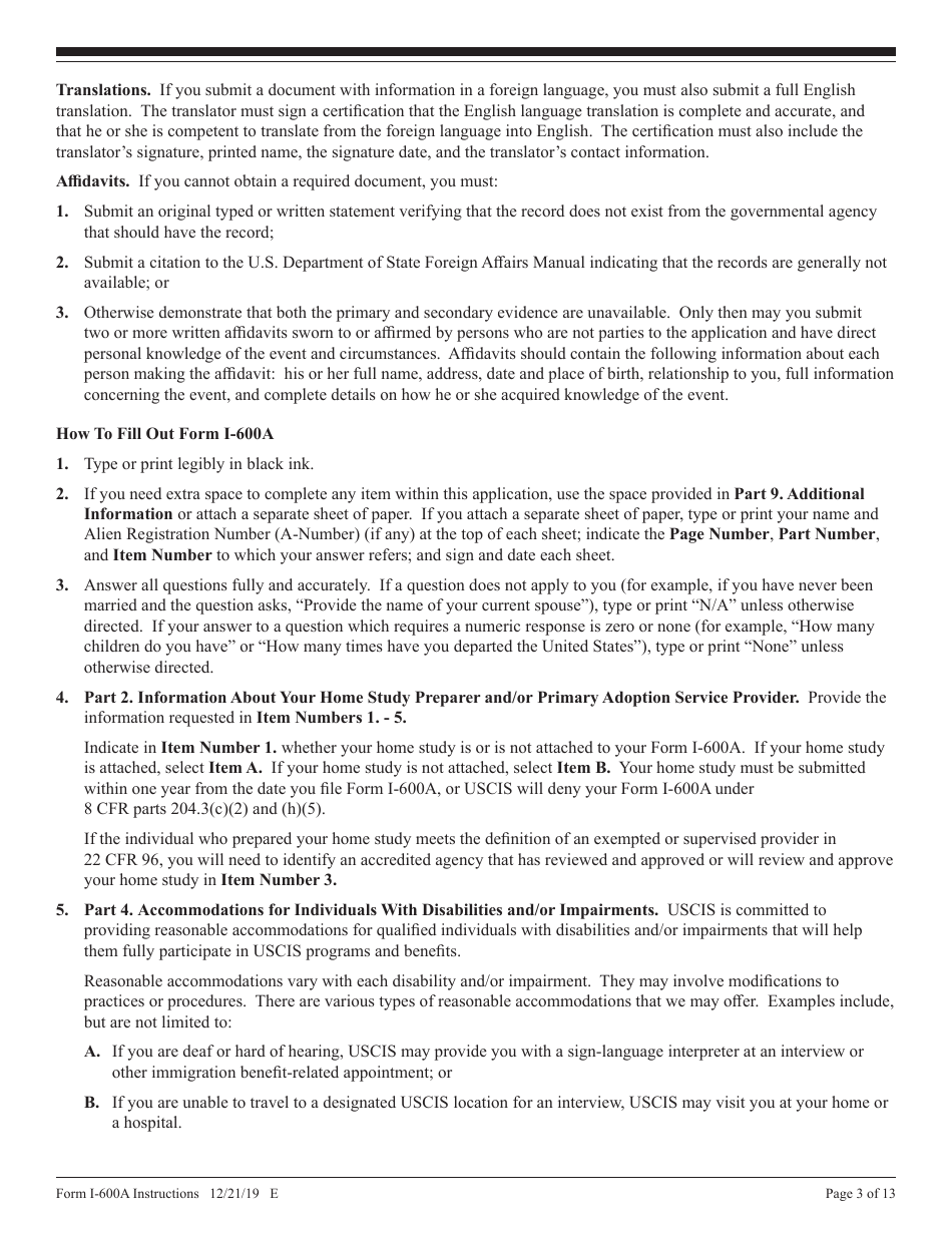 Instructions for USCIS Form I-600A Application for Advance Processing of an Orphan Petition, Page 3