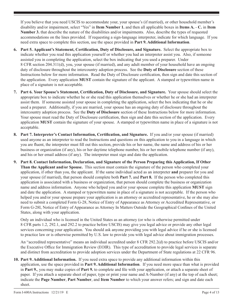 Instructions for USCIS Form I-600A Application for Advance Processing of an Orphan Petition, Page 4