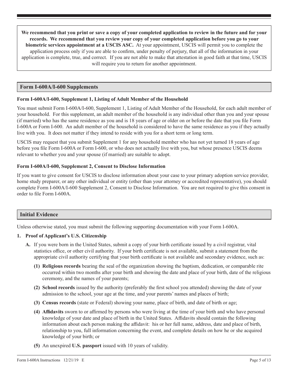 Instructions for USCIS Form I-600A Application for Advance Processing of an Orphan Petition, Page 5