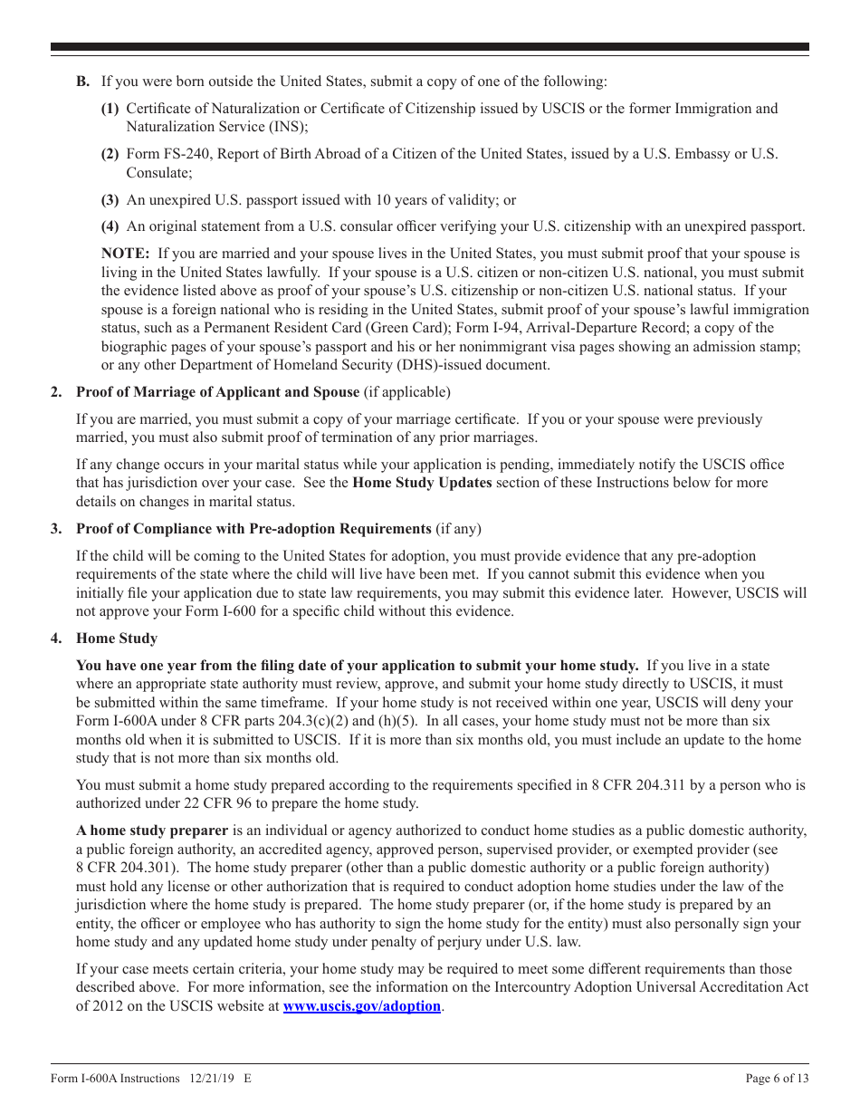 Instructions for USCIS Form I-600A Application for Advance Processing of an Orphan Petition, Page 6