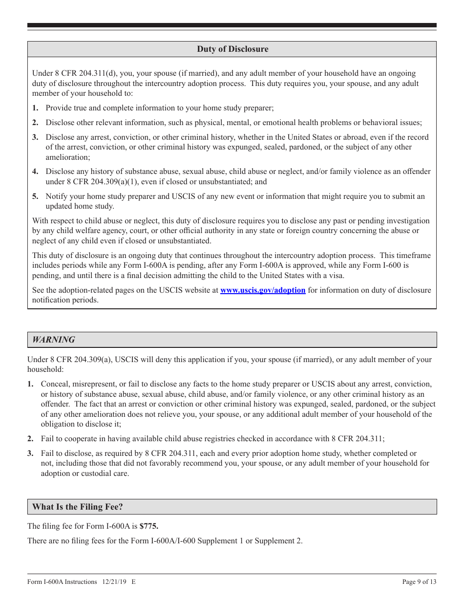 Instructions for USCIS Form I-600A Application for Advance Processing of an Orphan Petition, Page 9