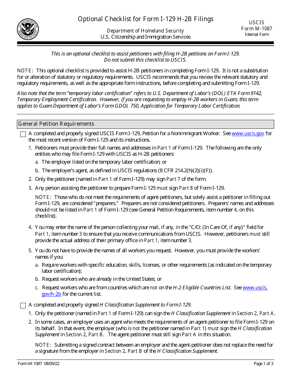 USCIS Form M-1087 Optional Checklist for Form I-129 H-2b Filings, Page 1