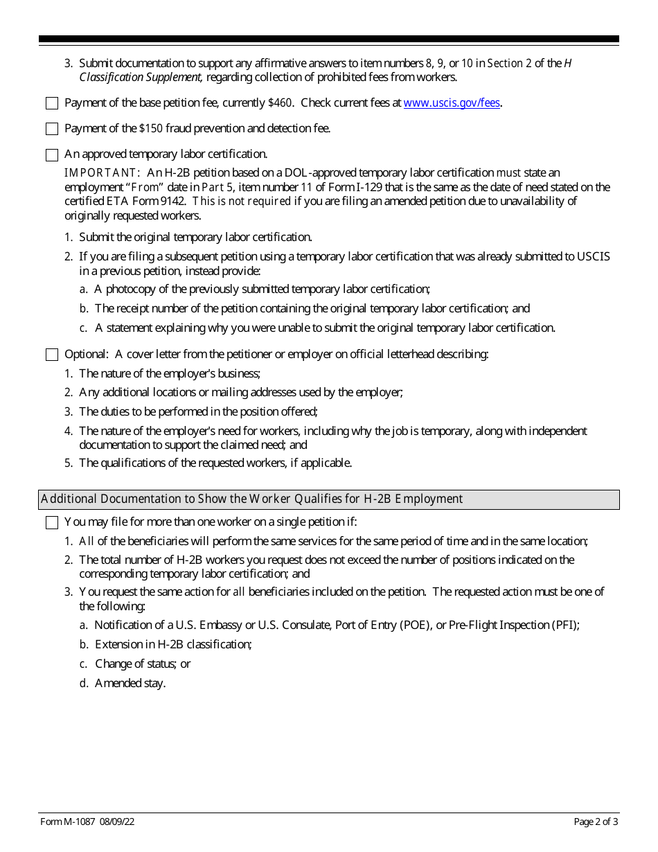 USCIS Form M-1087 Optional Checklist for Form I-129 H-2b Filings, Page 2