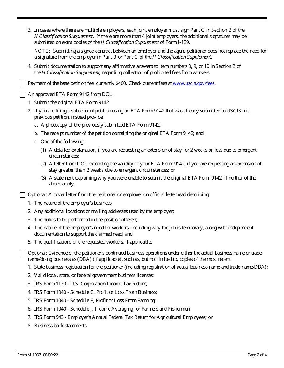 USCIS Form M-1097 Optional Checklist for Form I-129 H-2a Filings, Page 2