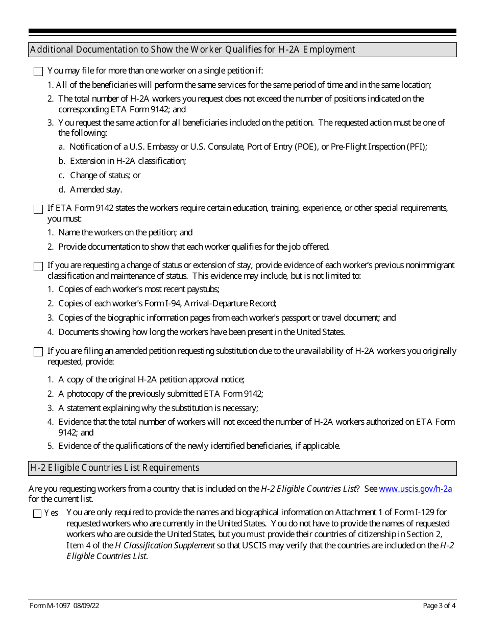 USCIS Form M-1097 Optional Checklist for Form I-129 H-2a Filings, Page 3