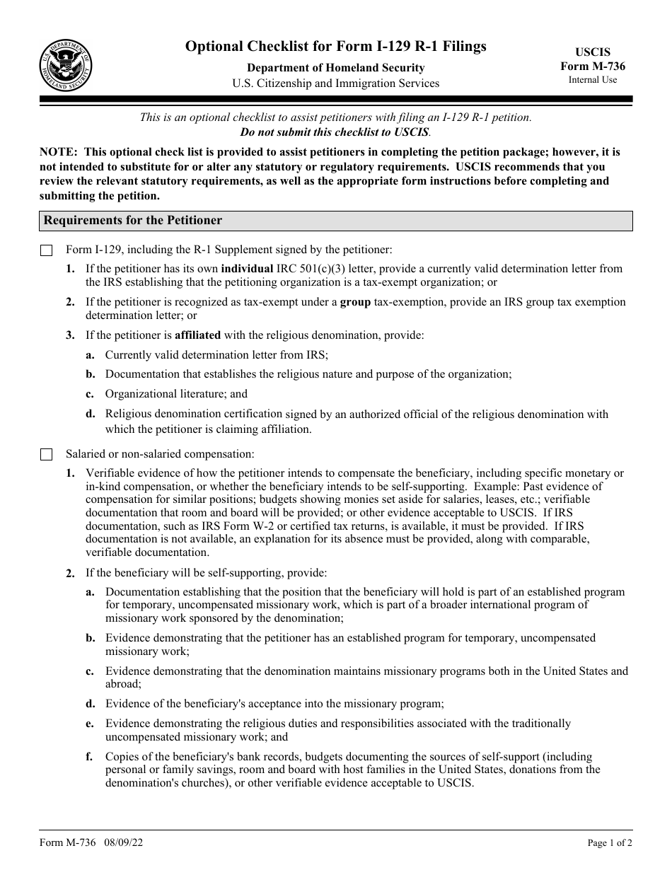 USCIS Form M-736 Optional Checklist for Form I-129 R-1 Filings, Page 1