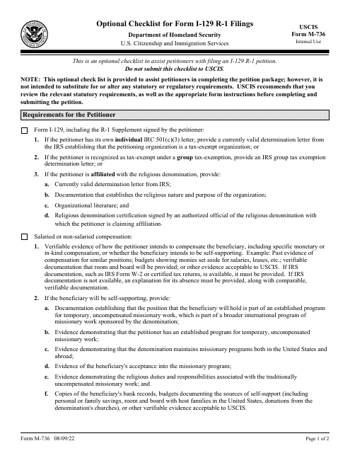 USCIS Form M-736 Optional Checklist for Form I-129 R-1 Filings