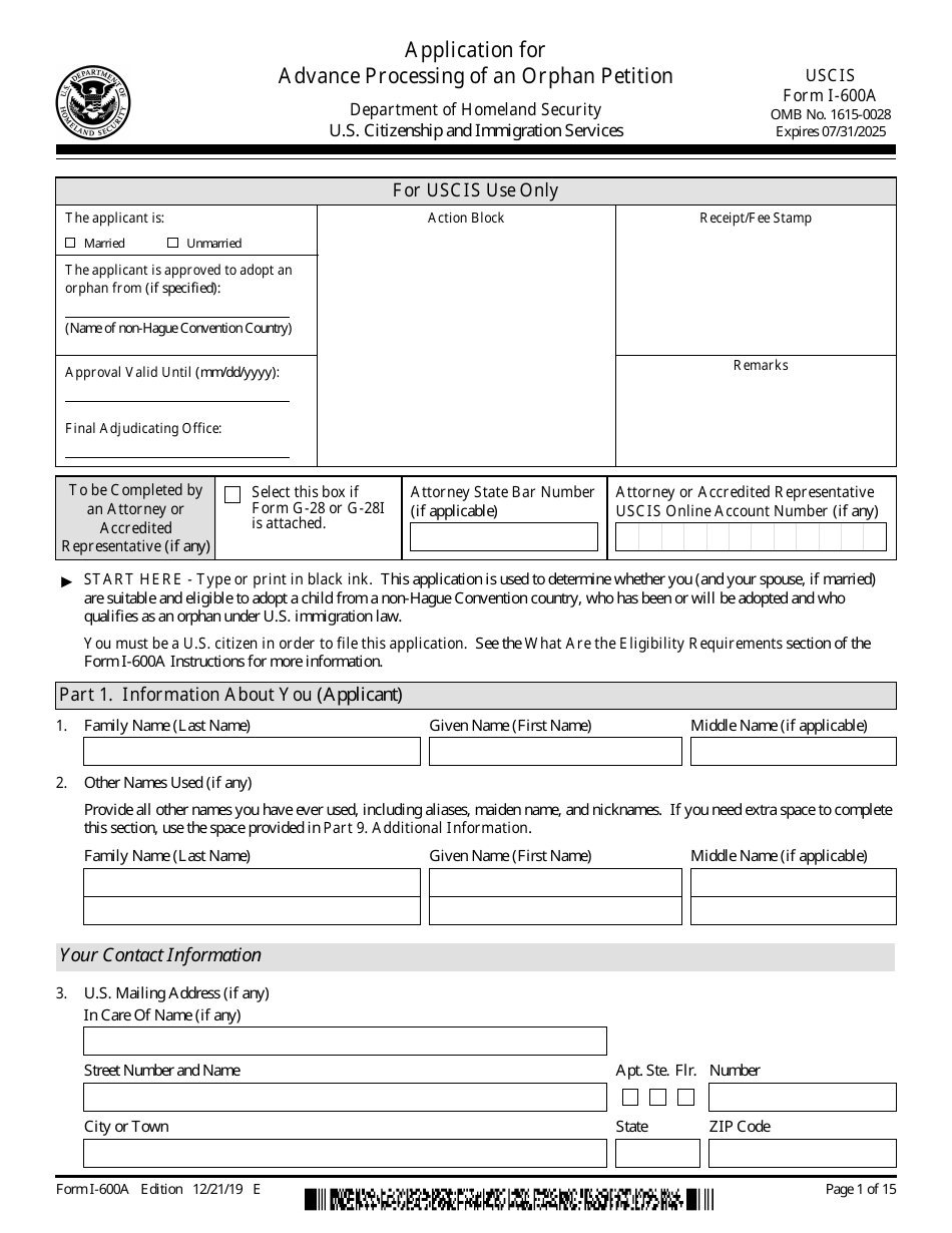 USCIS Form I-600A Application for Advance Processing of an Orphan Petition, Page 1