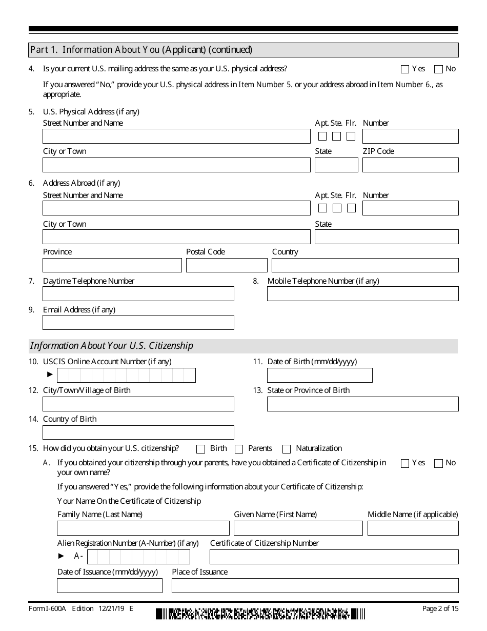 USCIS Form I-600A Download Fillable PDF or Fill Online Application for ...