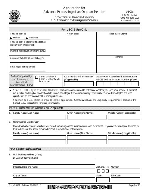 USCIS Form I-600A  Printable Pdf