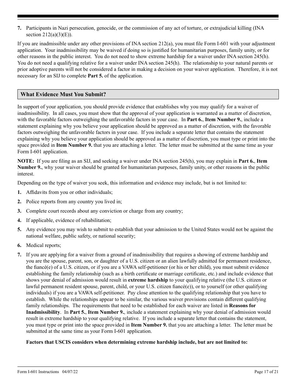 Instructions for USCIS Form I-601 Application for Waiver of Grounds of Inadmissibility, Page 17