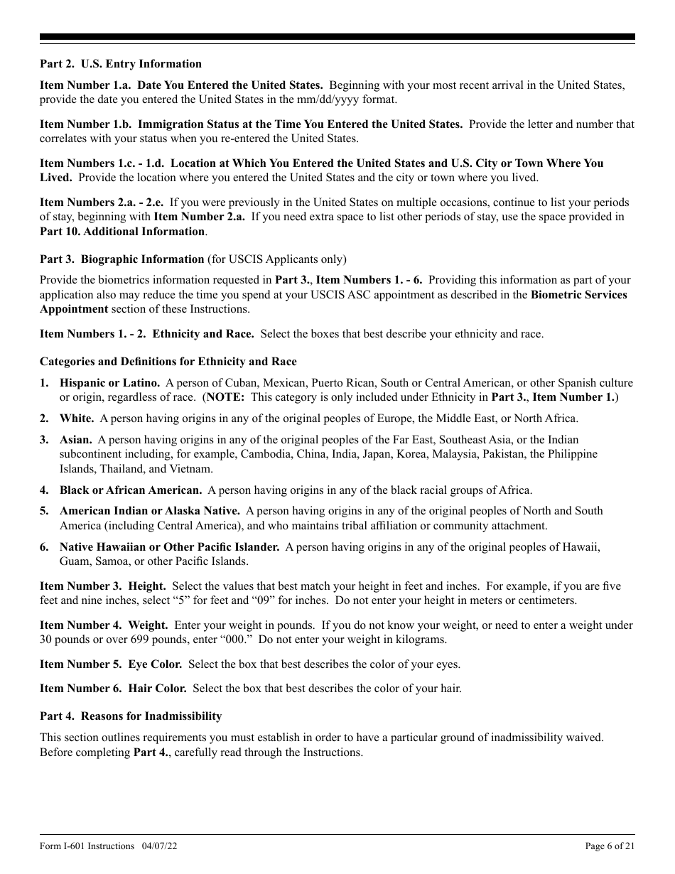 Instructions for USCIS Form I-601 Application for Waiver of Grounds of Inadmissibility, Page 6