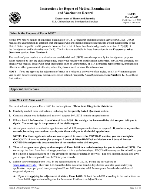 USCIS Form I-693  Printable Pdf