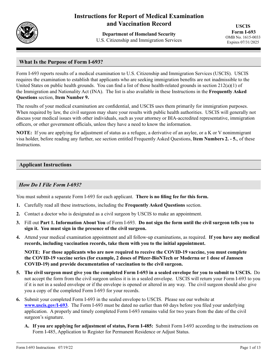 Instructions for USCIS Form I-693 Report of Medical Examination and Vaccination Record, Page 1