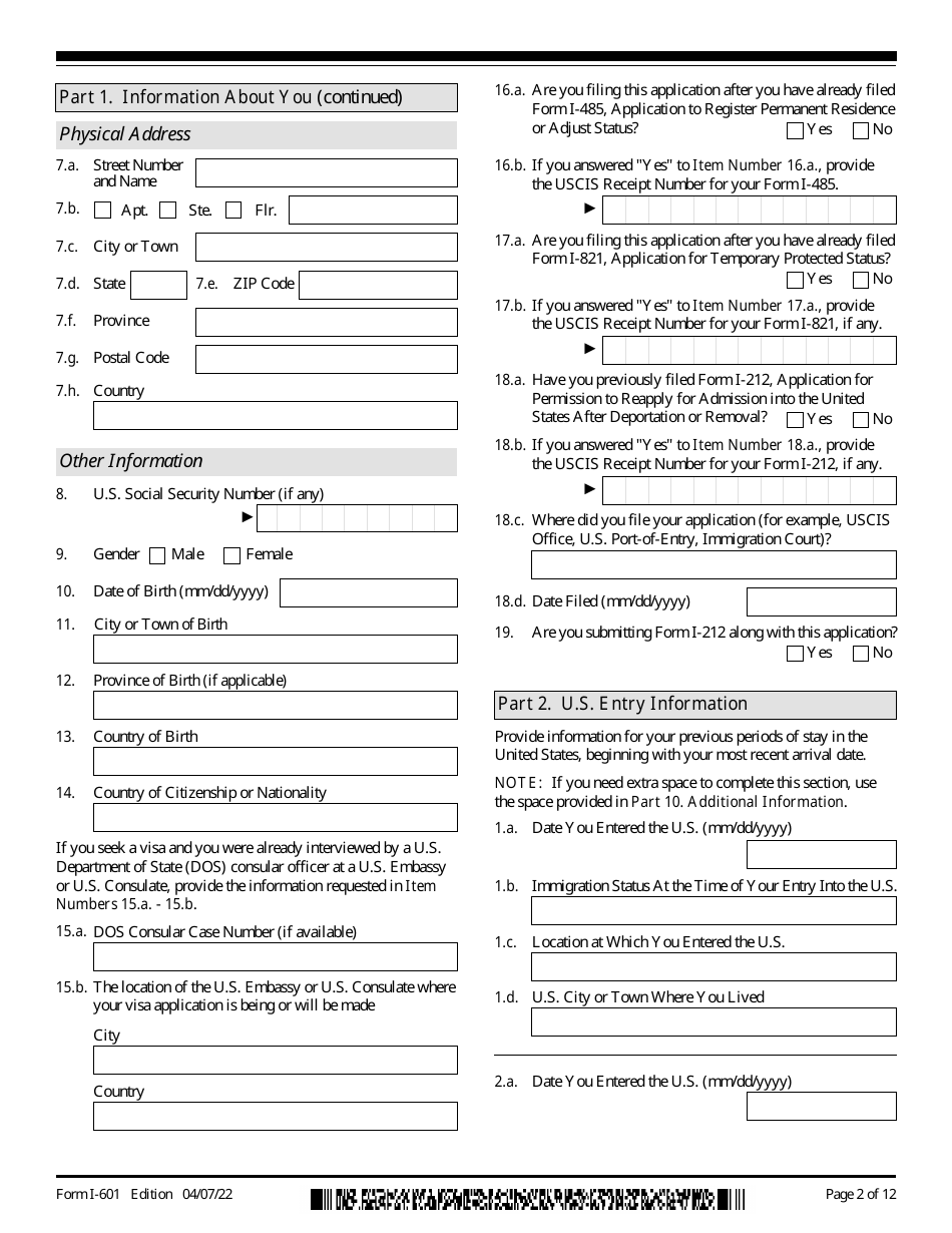 USCIS Form I601 Download Fillable PDF or Fill Online Application for
