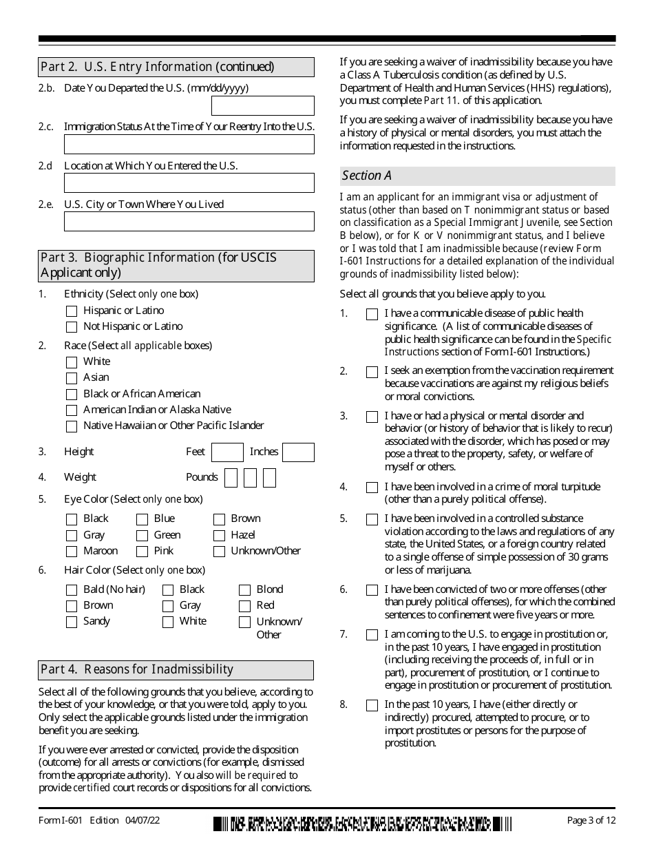 USCIS Form I-601 Download Fillable PDF or Fill Online Application for ...