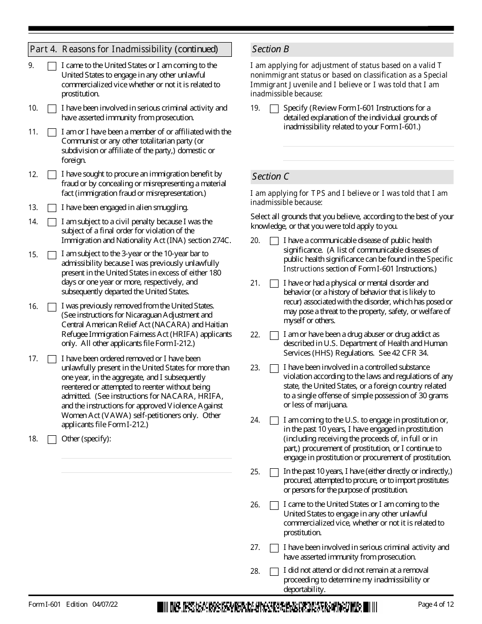 USCIS Form I-601 Application for Waiver of Grounds of Inadmissibility, Page 4