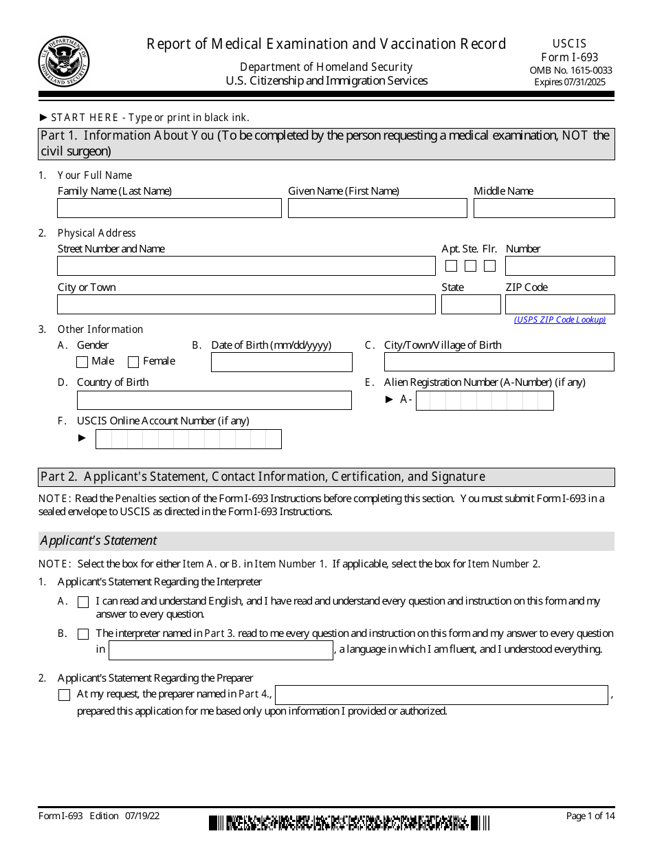 USCIS Form I-693 Report of Medical Examination and Vaccination Record, Page 1