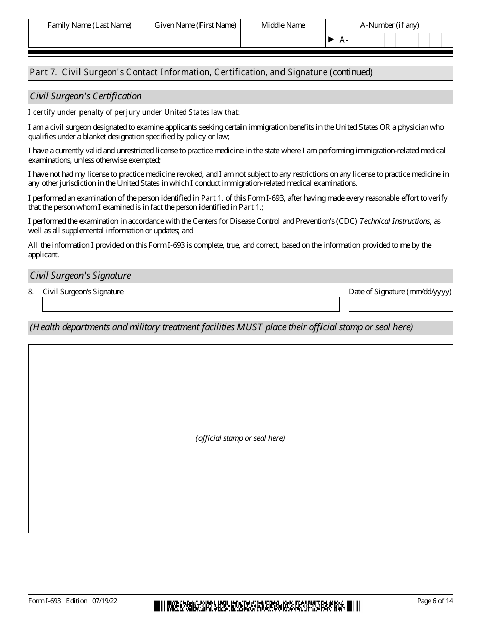 USCIS Form I-693 Report of Medical Examination and Vaccination Record, Page 6